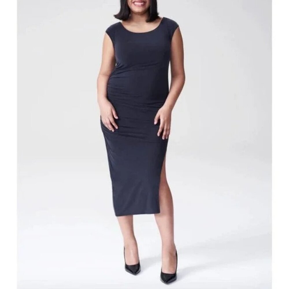 Universal Standard Rachel Ruched Draped Midi Dress Elevated Basic Quiet Luxury